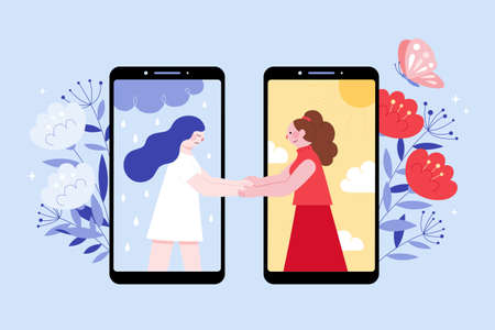 Flat illustration of depressed woman having online mental consultation with female psychotherapist through phone.のイラスト素材