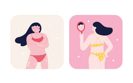 Woman with vitiligo embraces her body, while another woman with freckles looks in mirror, flat illustration. Love your body and world vitiligo day concept.のイラスト素材