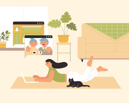 Flat illustration of woman having online video call with parents on laptop at home.のイラスト素材