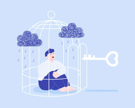 Flat illustration of a crying man sitting in the cage with key outside. Concept of free from depression and other mental health problems.のイラスト素材