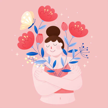 Flat illustration of a woman embracing herself with flowers growing from her arms. Concept of abundance, self love and body positivity.のイラスト素材