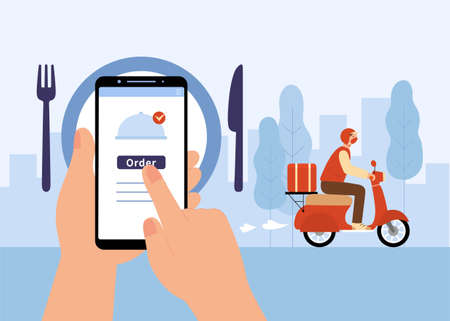 Online food or grocery delivery service. Illustration of a person ordering food deliver on phone and a courier is riding scooter in the city.のイラスト素材
