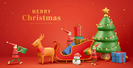 3d Xmas banner of cute Christmas elves putting gifts on Santa's sledge. Decorated with snowman and Christmas tree.