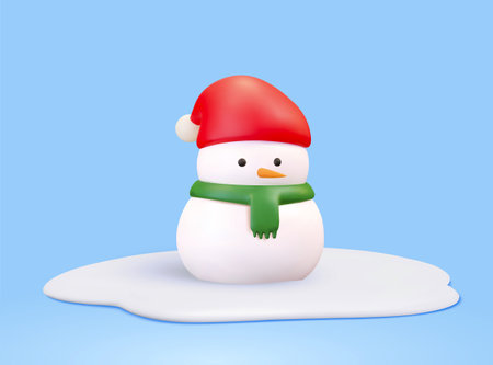 Cute snowman wearing Santa hat and green muffler scarf on snow. 3d illustration.のイラスト素材