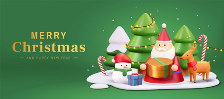 3d Merry Christmas and Happy new year banner. Santa Claus holding gift box and standing in a snowy forest with cute snowman and reindeer.のイラスト素材