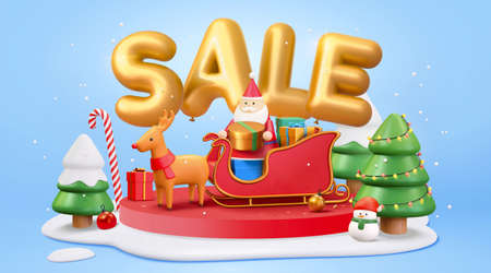 3d Christmas sale banner with Santa Claus sitting on a reindeer sleigh ride and holding gift box. Cute Xmas podium decorated with snow and Christmas trees.のイラスト素材