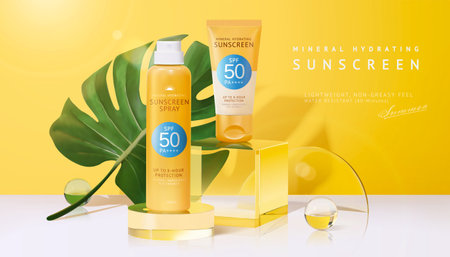 3d sunscreen mock-up on glass display podium, decorated with tropical leaf, crystal balls and round...