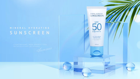 3d sunscreen tube set on glass display podium, decorated with crystal balls, cuboid and palm leaf. Ad template suitable for summer cosmetic product.のイラスト素材