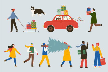 Collection of people doing different activities before or on Christmas. Flat illustration set suitable for Xmas icons.のイラスト素材