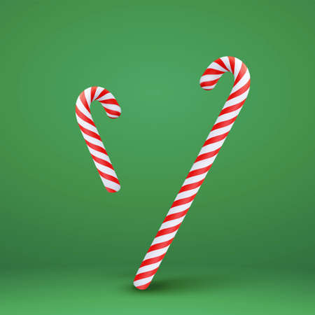 3d Christmas candy canes. Xmas classic dessert element isolated on green background.のイラスト素材
