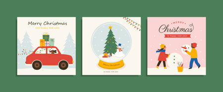 Set of Christmas card templates on green background. Flat illustration of road trip, Christmas tree in snow globe, and kids making a snowman. Suitable for invitation and greeting card.のイラスト素材