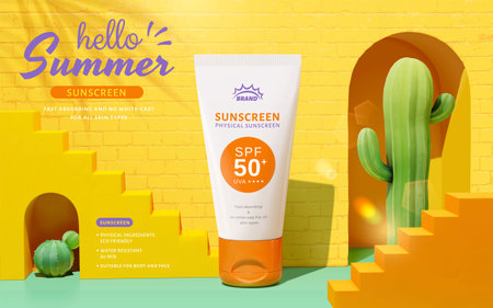 3d ad template for summer skincare product display. Sunscreen tube being set in front of yellow brick wall and stairs.のイラスト素材
