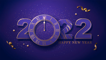 2022 Happy New Year's Eve countdown poster, suitable for luxury party invitation. Layout with luxury numbers, clock, golden glitter and confetti.のイラスト素材