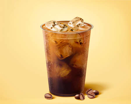 3d illustration of iced cold brew coffee in plastic takeout cup. Drink element isolated on yellow background.の写真素材