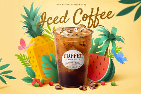 3d creative iced coffee ad template. Plastic takeout cup with paper cut fruit and tropical jungle trees. Concept of fruit aroma or natural flavor.の写真素材