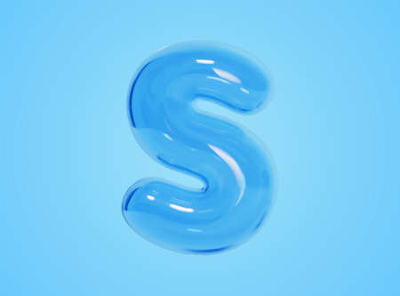 3d illustration of glossy transparent S letter balloon, isolated on blue background.のイラスト素材