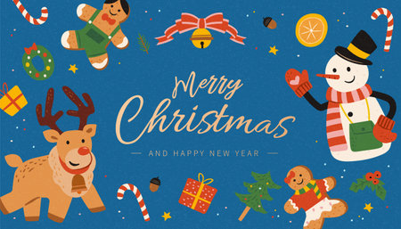Creative Merry Christmas card template. Layout design with gingerbread, reindeer, snowman, Xmas tree.のイラスト素材