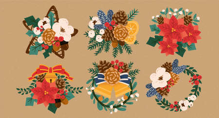 Collection design of classic Christmas wreath. Vintage holiday elements isolated on light brown backgroundのイラスト素材