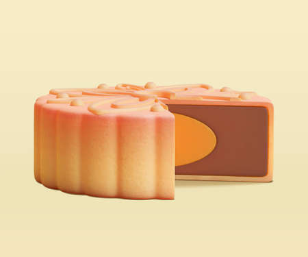 3d illustration of brown baked Chinese moon cake. Mid Autumn element isolated on yellow background.のイラスト素材