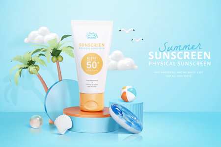 3d cosmetic ad template in island vacation theme. Tube mock up on round podium with beach swim objects.のイラスト素材