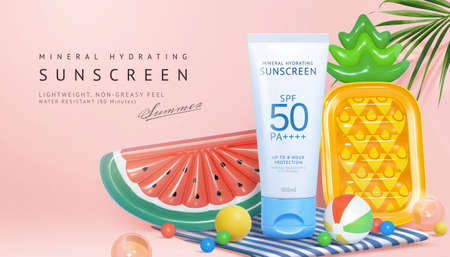 Creative sunscreen ad in beach picnic theme. 3d illustration of plastic tube set on mat with fruit shaped lilos and beach balls. Concept of summer day skincare for swimmers.のイラスト素材