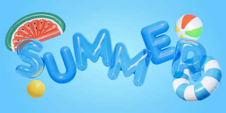 3d summer collection including letter balloons, beach ball, round and watermelon swim rings. Object...