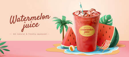 Fresh watermelon juice ad banner template. 3d illustration of plastic takeaway cup with paper cut watermelon slices and beach theme decoration.の写真素材