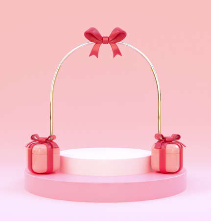 Scene background design of duotone round podium with golden pipe arch and two gift boxes. 3d render.の写真素材
