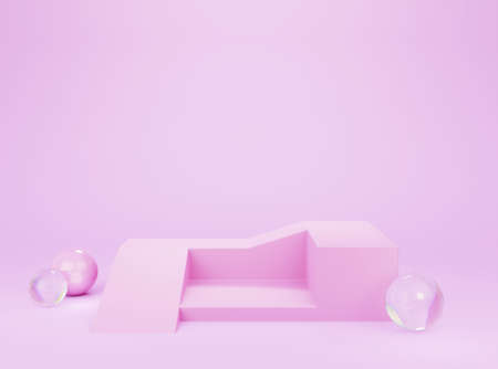 3d pink minimal scene background with U shaped stairway stage and glass marbles. Suitable for fashion product display.の写真素材