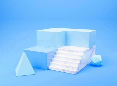 Blue minimal product display background design with white marble stairs and geometric stages in 3d illustration.の写真素材