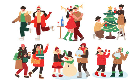 Set of different winter activities, including ice skating, dancing, decorating Christmas tree, shopping, making a snowman, playing snow ball fight.のイラスト素材