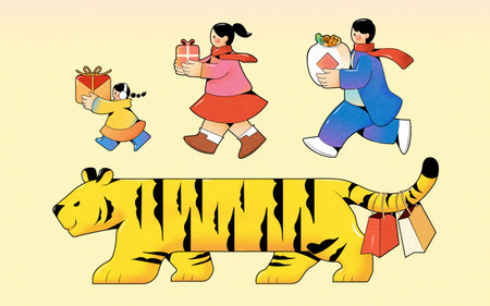 Young Asian holding gift boxes and cute tiger bringing paper bags. Concept of sending gifts during the Chinese new year. Isolated character element set.のイラスト素材