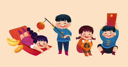 Asian children character collection. Chinese new year theme with traditional costumes and various objects. Isolated on beige background.のイラスト素材