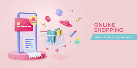 3D e-commerce banner or landing page template. Phone on round podium with cart and shopping items flying around. Concept of credit card reward for online shopping.のイラスト素材