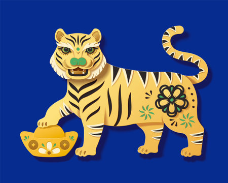 Yellow tiger stepping on gold ingot in 3d vintage paper art style. Animal element isolated on blue background. Suitable for 2022 Chinese New Year ornament.のイラスト素材