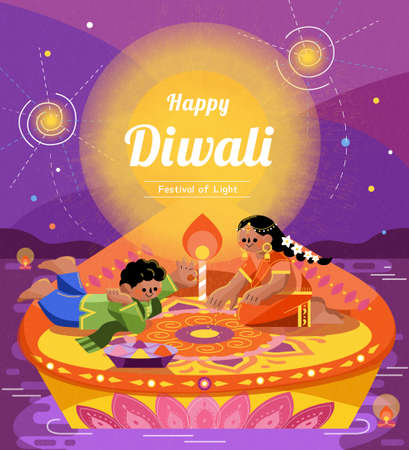 Happy Diwali greeting card. Illustration of Indian children drawing rangoli on large diya oil lamp floating on river.のイラスト素材