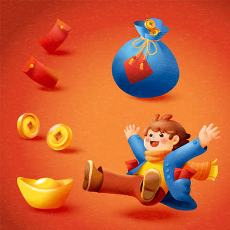 CNY hand drawn element collection, including gold, red envelope, lucky bag and cute Asian boy. Isolated on red background.のイラスト素材