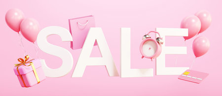 Sale word paper cutout with gift box, shopping bag, balloons, credit card and alarm clock on pink background. 3d rendering of great discount banner.の写真素材