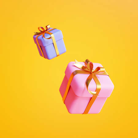3d colorful gift boxes wrapped with golden ribbons. Elements isolated on orange backgroundの写真素材