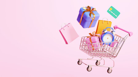 Miniature shopping cart with alarm clock, gift boxes and shopping bags on light pink background, 3d rendering scene with copy space.の写真素材