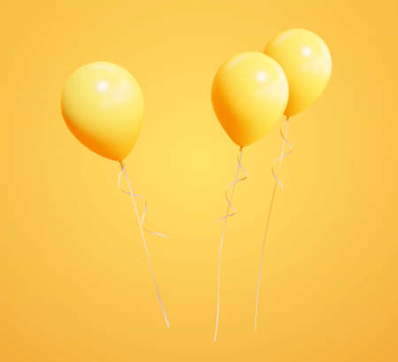 Three helium balloons isolated on yellow background, 3d rendering elements for birthday and holiday...