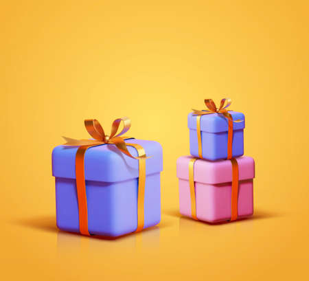 Different sizes of colorful gift boxes with golden ribbon. 3d objects isolated on yellow background.のイラスト素材