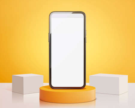 3d rendering of blank smartphone screen on round podium with cube stages. Minimal scene background for online shopping sale event.のイラスト素材