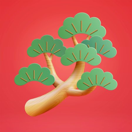 3d Japanese bonsai pine branch with leaf. Nature element isolated on red background, suitable for Chinese new year decorationのイラスト素材