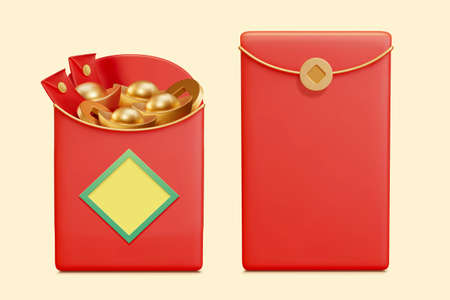 3d red envelopes filled with gold ingots and coins. CNY elements isolated on yellow background,...