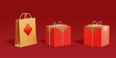 3d Chinese style wrapped present bag and gift box in different views. Suitable for any Asian theme holiday decoration.のイラスト素材