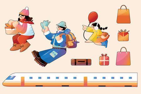 Spring festival travel rush collection, including Asian family, luggage, train transportation. Isolated on yellow background.のイラスト素材