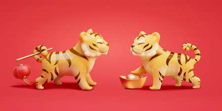 3d tiger character design. One with red lantern held in tail and one stepping gold ingot. Suitable for 2022 Chinese new year zodiac decoration.