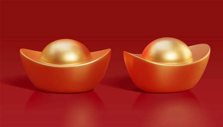 3d illustration of matt gold sycee or ingots, concept of being rich and wealthy. Asian festival decor element isolated on red background.のイラスト素材