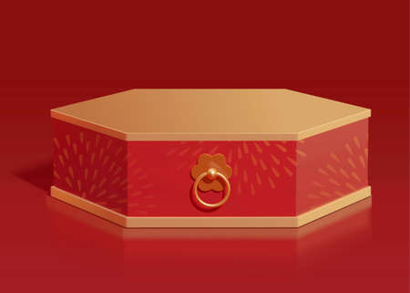 3d luxury oriental hexagon stage isolated on red background. Suitable for Chinese new year decor.のイラスト素材
